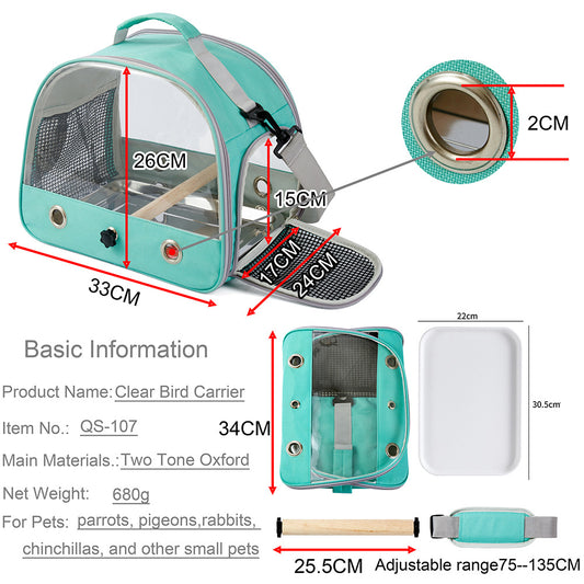 Green Portable Clear View Bird Carrier Travel Cage with Perch & Tray - Breathable Pet Bag for Parrots, Cockatiels & Small Animals