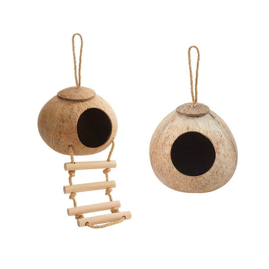 Natural Coconut Bird Nest Cage Pet Parrot Parakeet Safe Hut Feeder Shell Home - Rope type