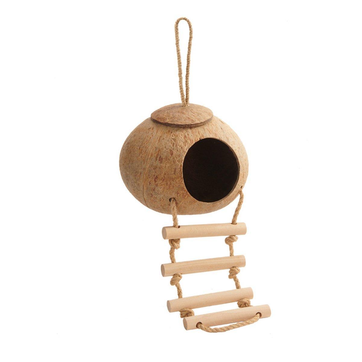 Natural Coconut Bird Nest Cage Pet Parrot Parakeet Safe Hut Feeder Shell Home - Rope type