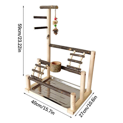 Wooden Parrot Stand Pole Interactive Bird Stand with Food Bowl Climbing Ladder